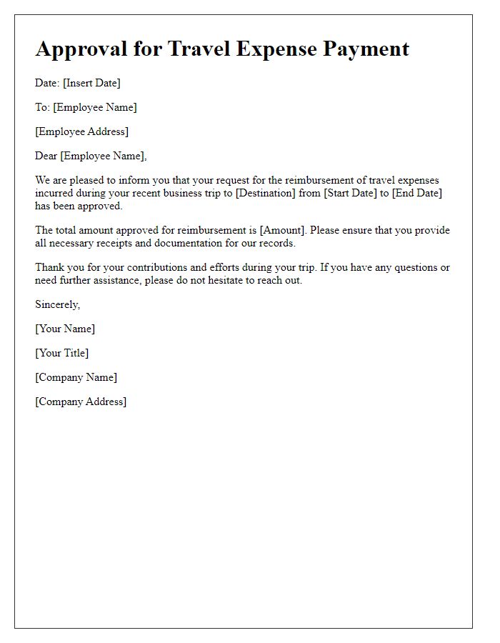 Letter template of approval for travel expense payment.