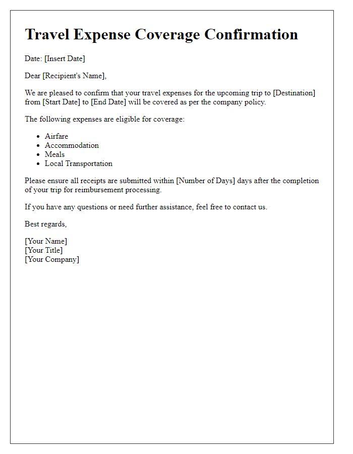 Letter template of confirmation for travel expense coverage.