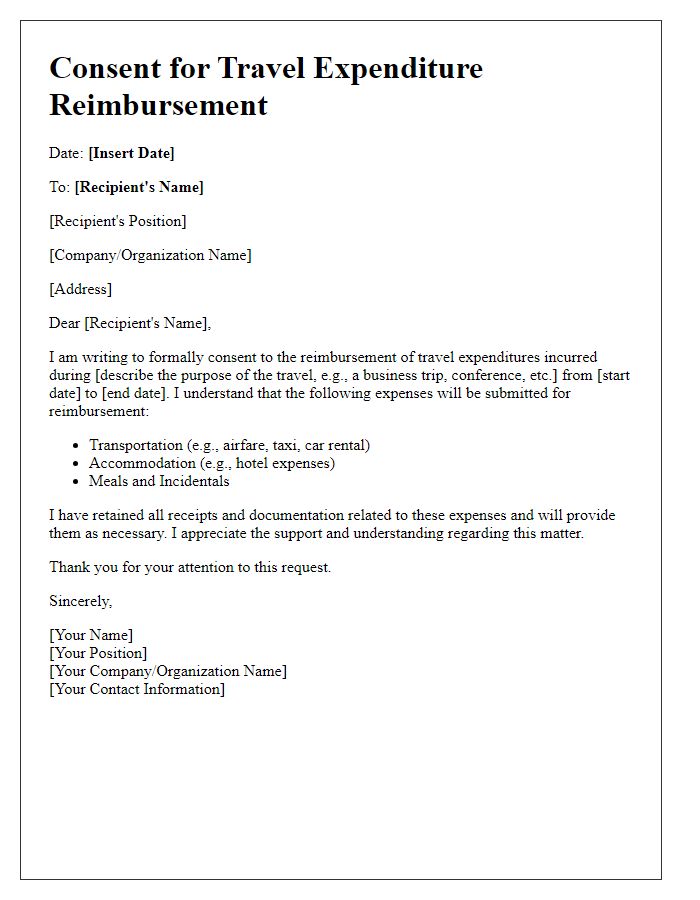 Letter template of consent for travel expenditure reimbursement.