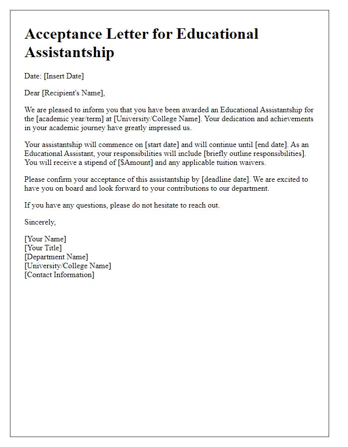 Letter template of Acceptance Letter for Educational Assistantship