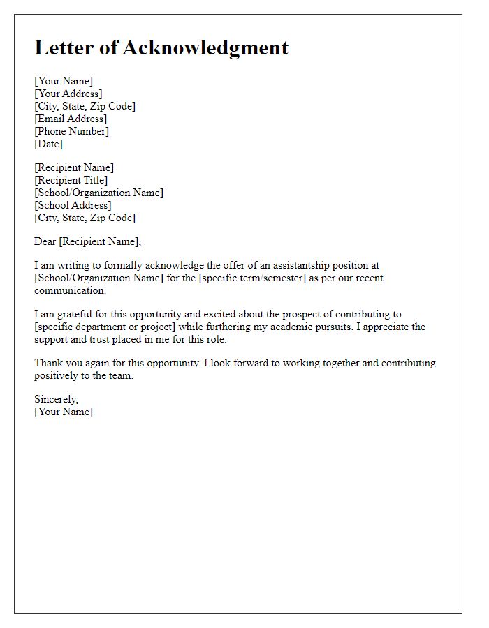 Letter template of Acknowledgment of School Assistantship Offer