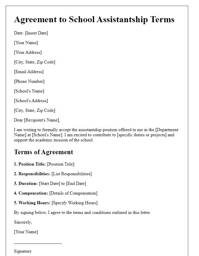 Letter template of Agreement to School Assistantship Terms