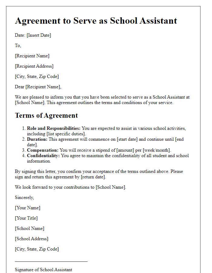 Letter template of Agreement to Serve as School Assistant