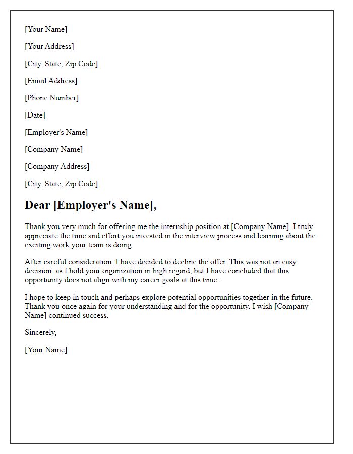 Letter template of courteously rejecting internship opportunity