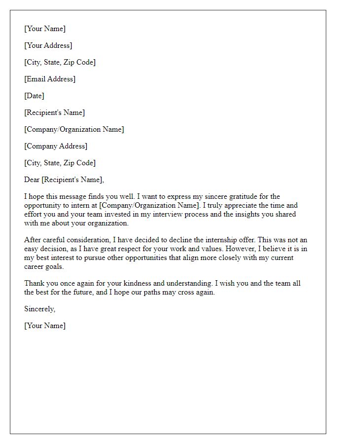 Letter template of expressing gratitude while declining internship