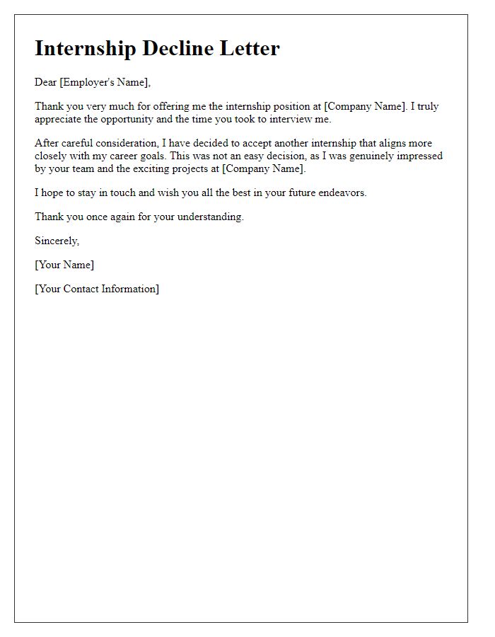 Letter template of graciously turning down internship