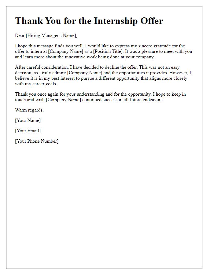 Letter template of thanking but declining internship offer