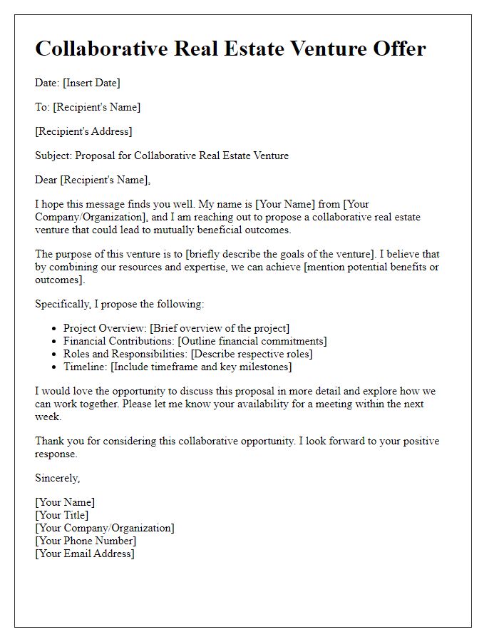 Letter template of Collaborative Real Estate Venture Offer