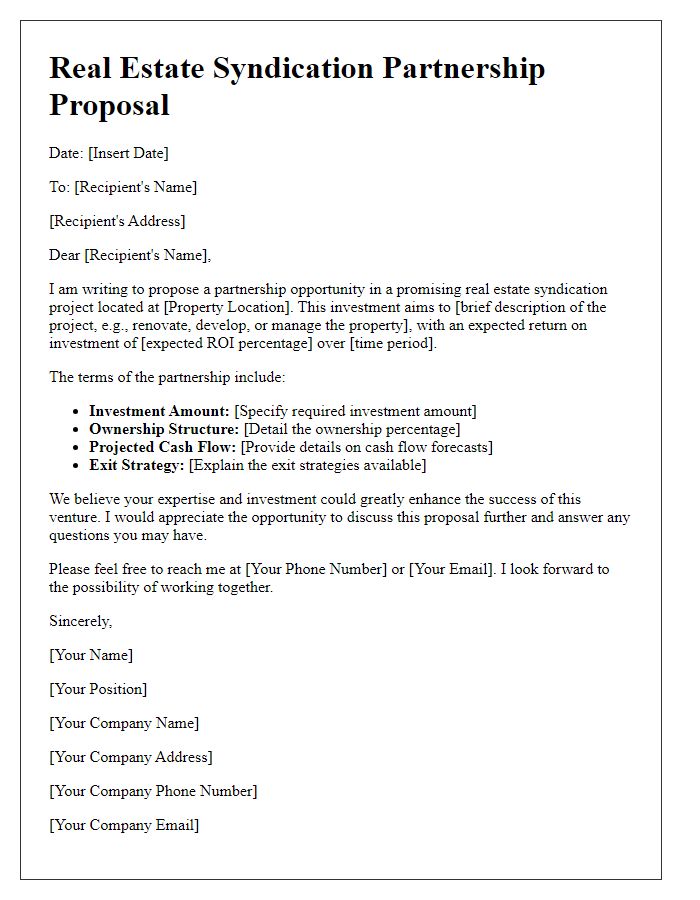 Letter template of Real Estate Syndication Partnership Proposal