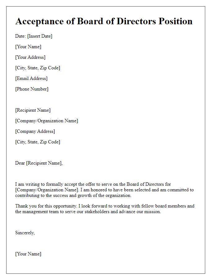 Letter template of Acceptance for Board of Directors Position