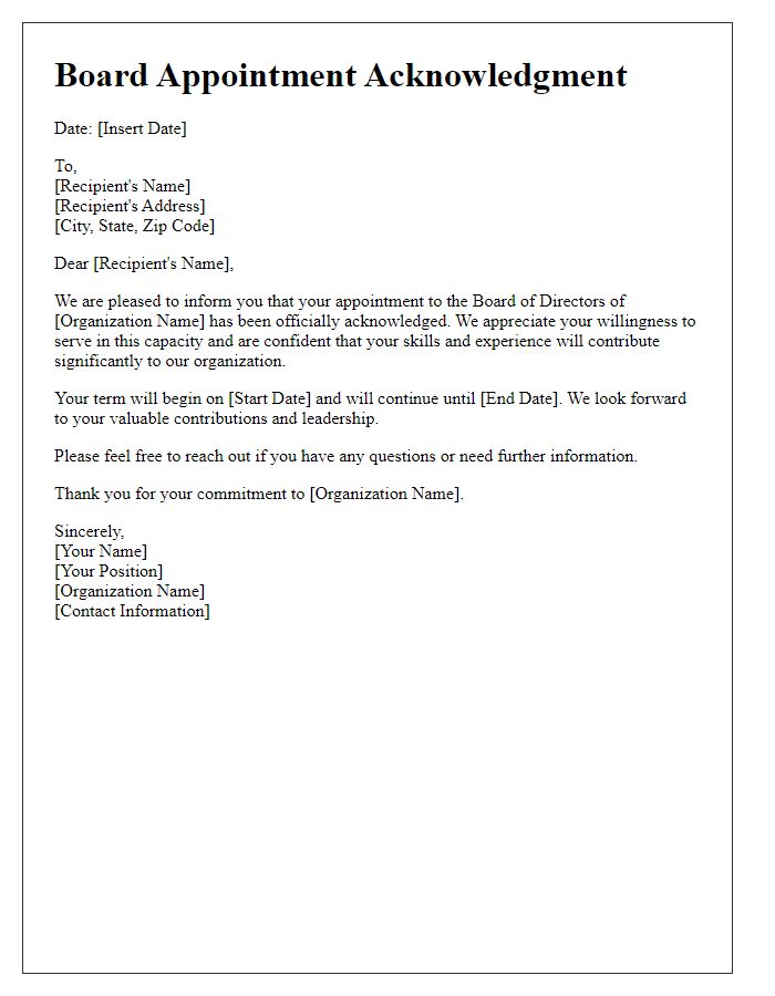 Letter template of Acknowledgment for Board Appointment