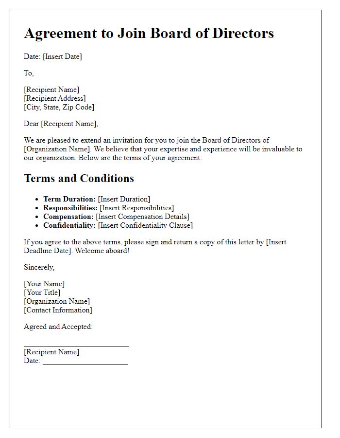 Letter template of Agreement to Join Board of Directors