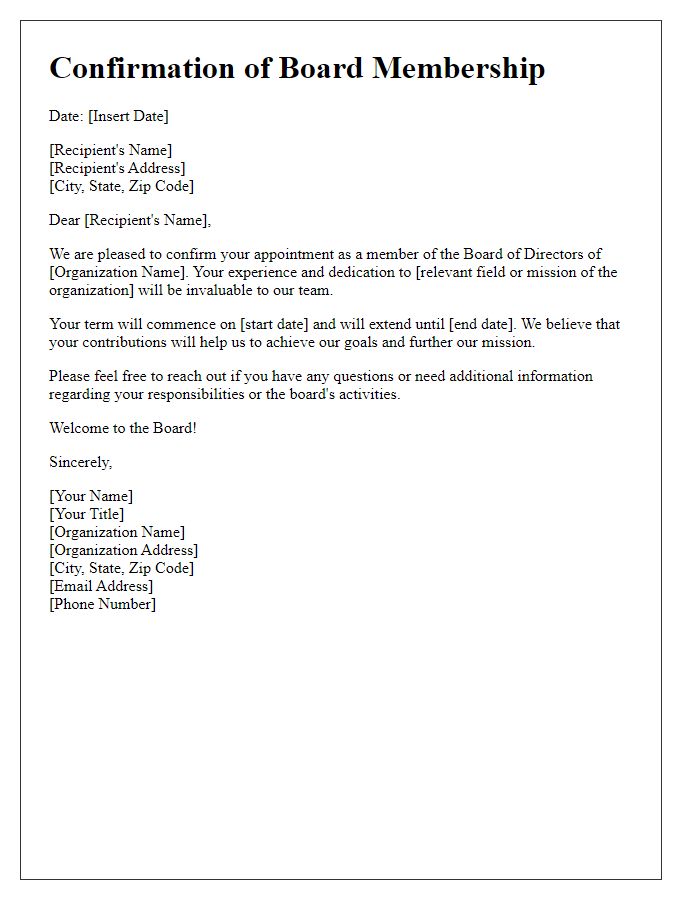 Letter template of Confirmation for Board Membership