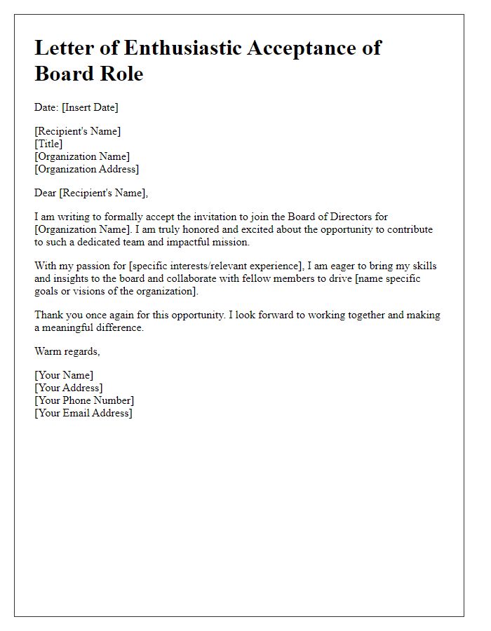 Letter template of Enthusiastic Acceptance of Board Role