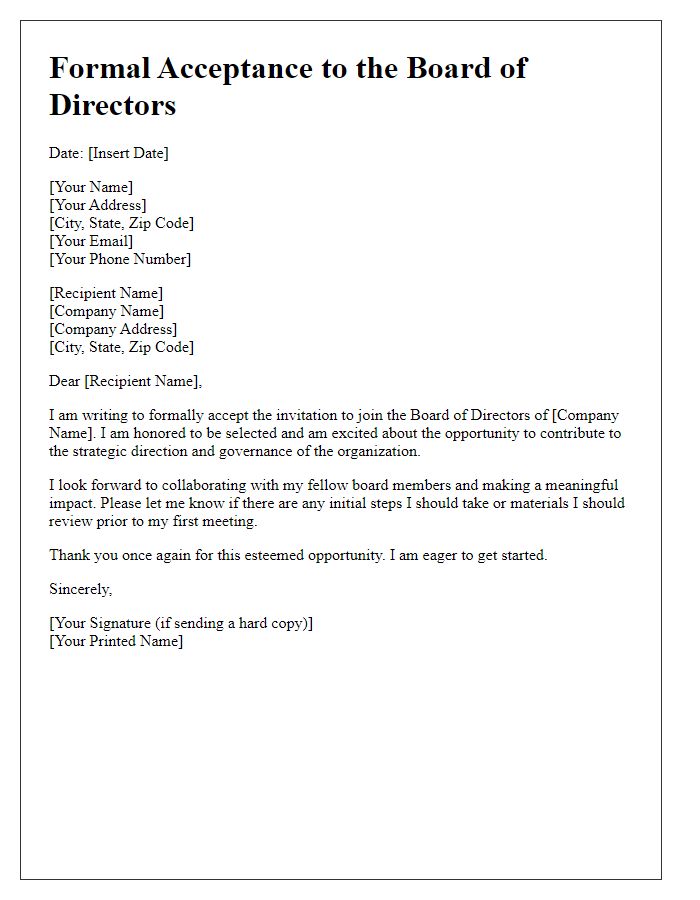 Letter template of Formal Acceptance to Board of Directors