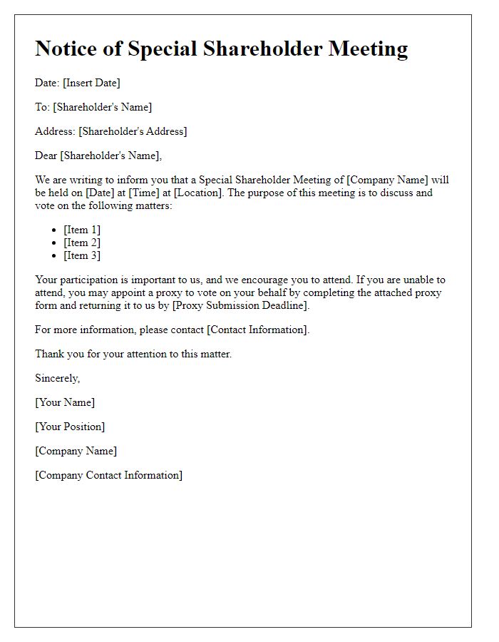 Letter template of Special Shareholder Meeting Notice