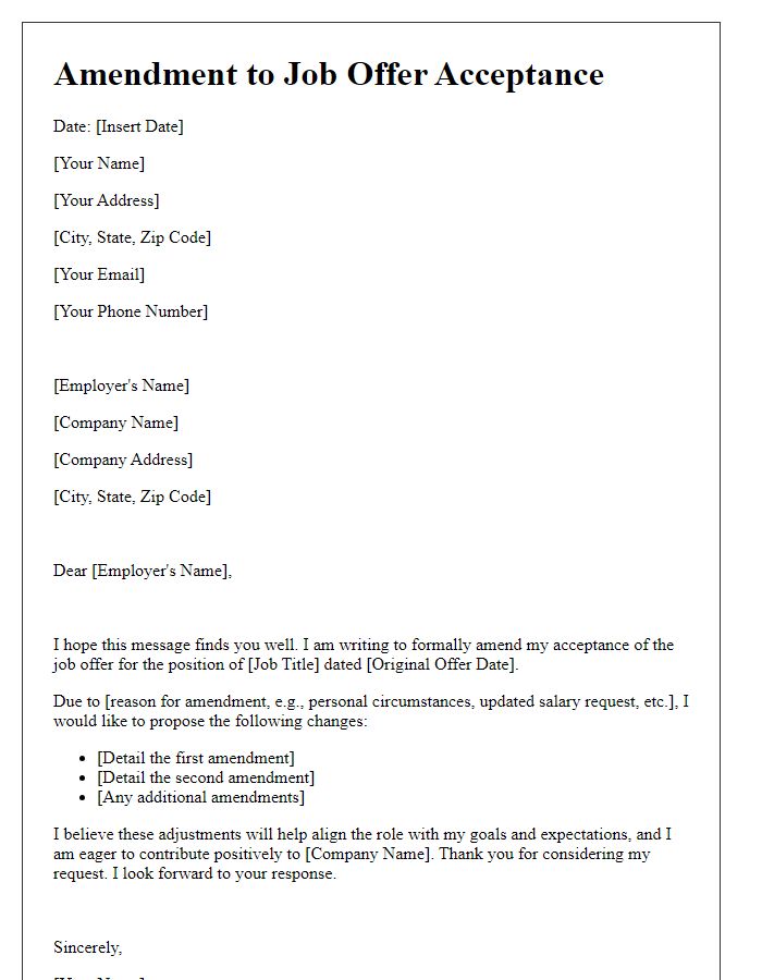 Letter template of amendment to job offer acceptance