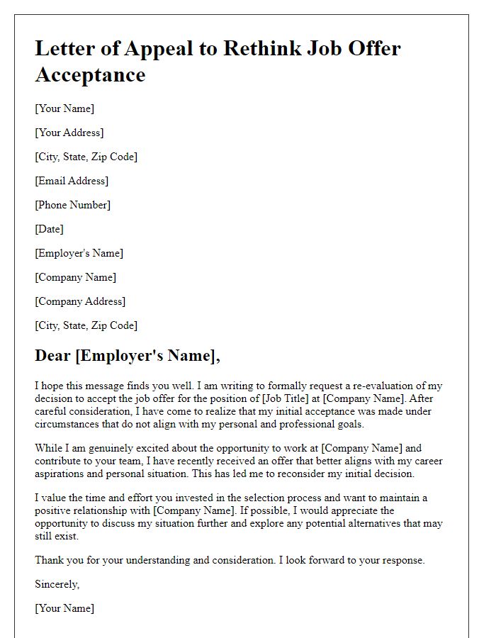 Letter template of appeal to rethink job offer acceptance