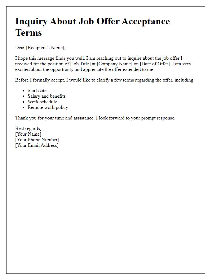 Letter template of inquiry about job offer acceptance terms