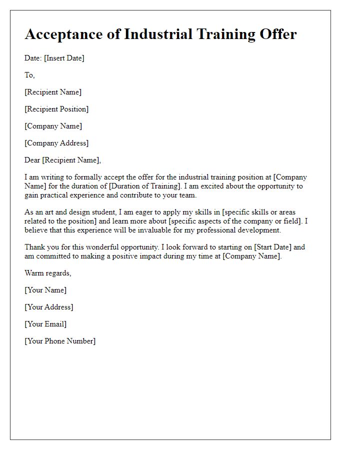 Letter template of industrial training offer acceptance for art and design students