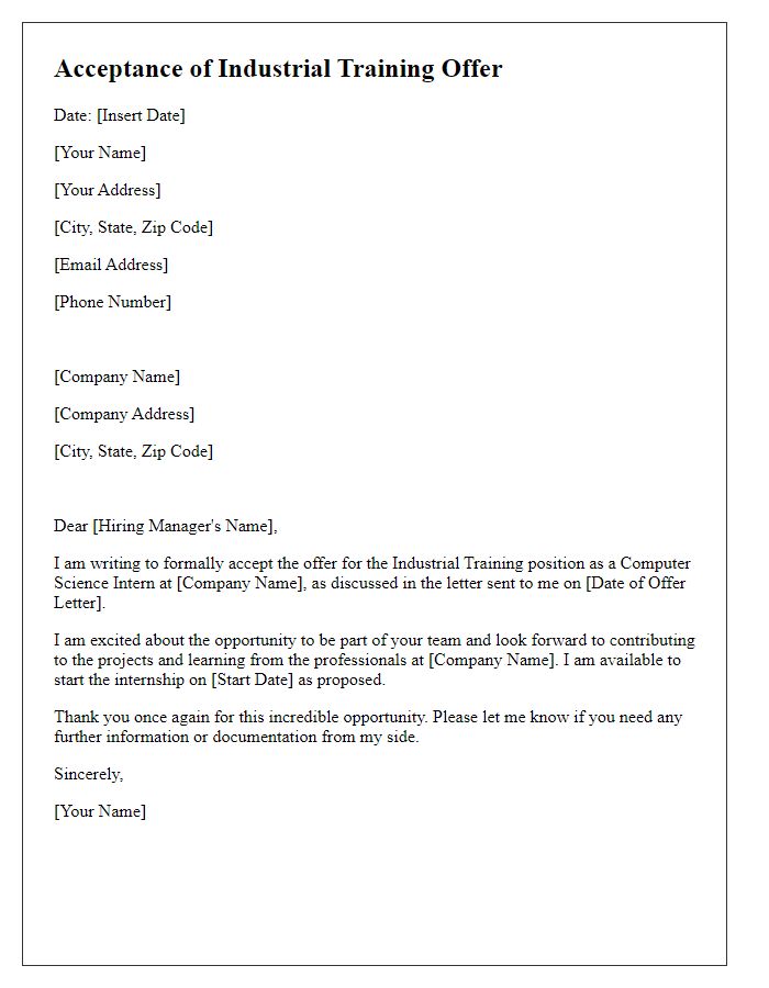 Letter template of industrial training offer acceptance for computer science interns