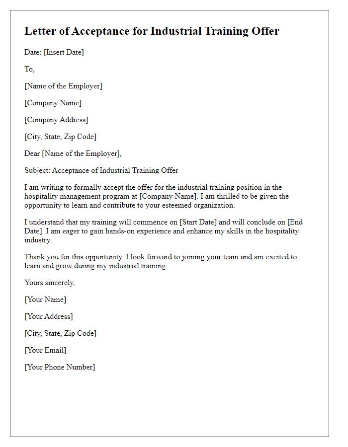 Letter template of industrial training offer acceptance for hospitality management interns