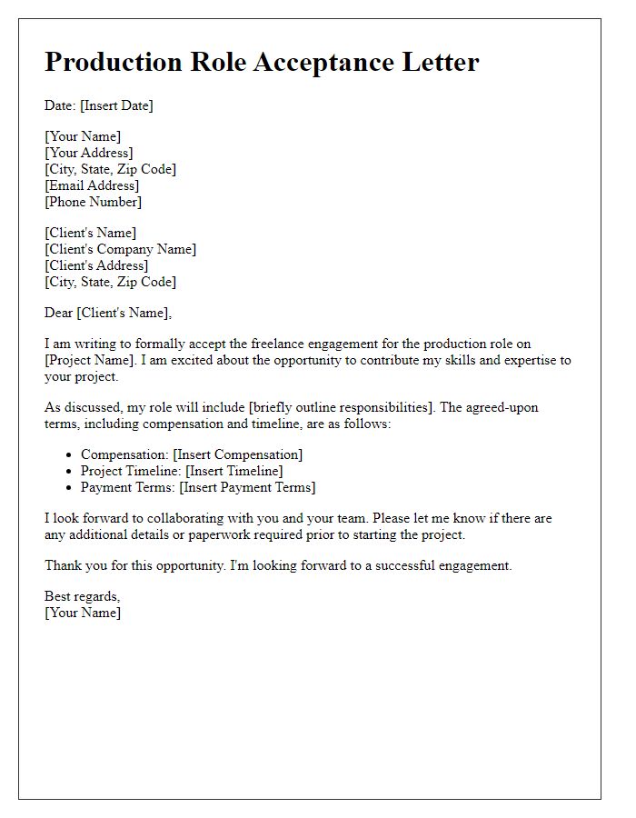 Letter template of production role acceptance for a freelance engagement