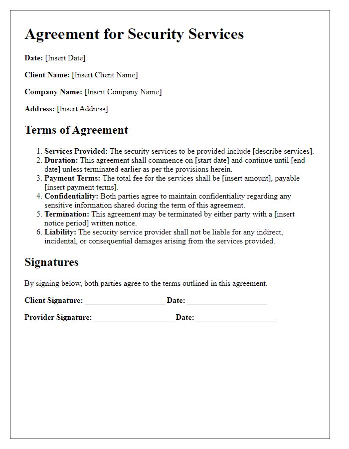 Letter template of agreement to security services terms