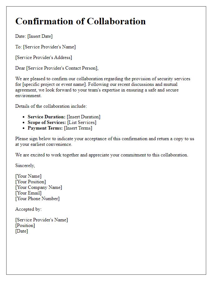 Letter template of confirmation for security services collaboration