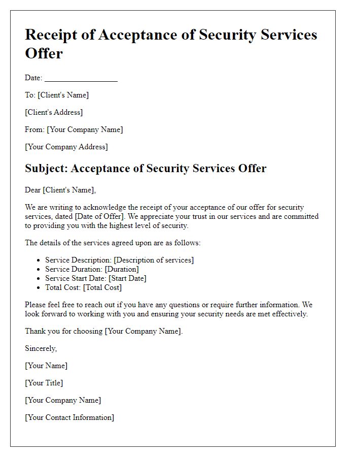 Letter template of receipt for security services offer acceptance