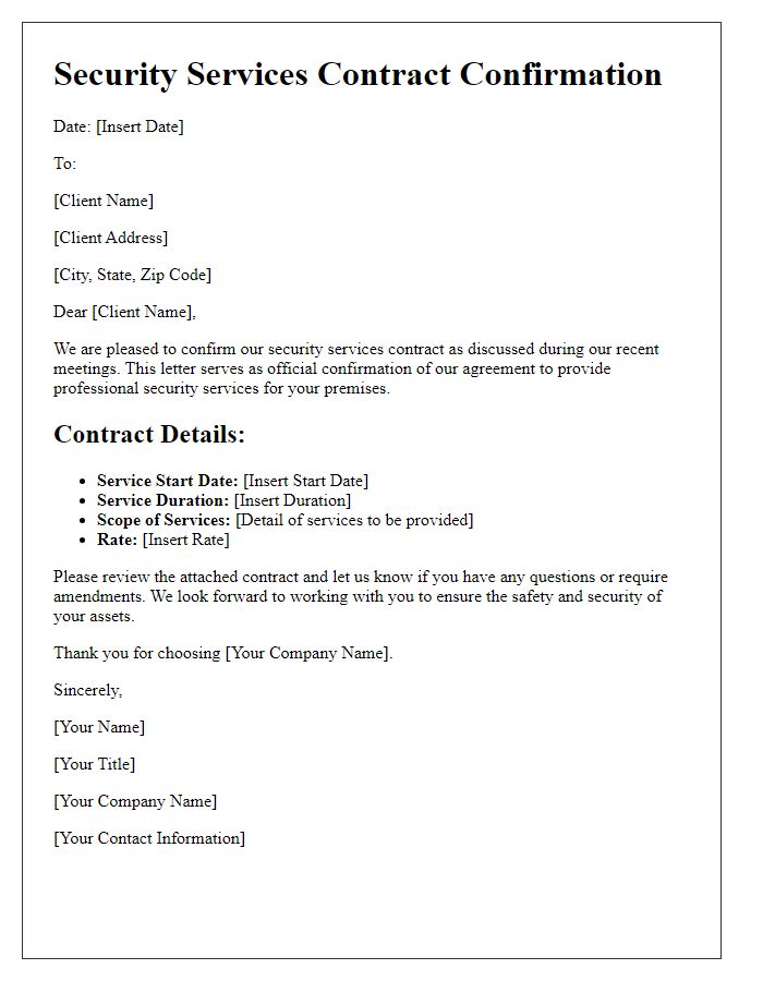 Letter template of security services contract confirmation