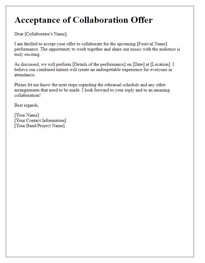 Letter template of musical collaboration offer acceptance for a festival performance.