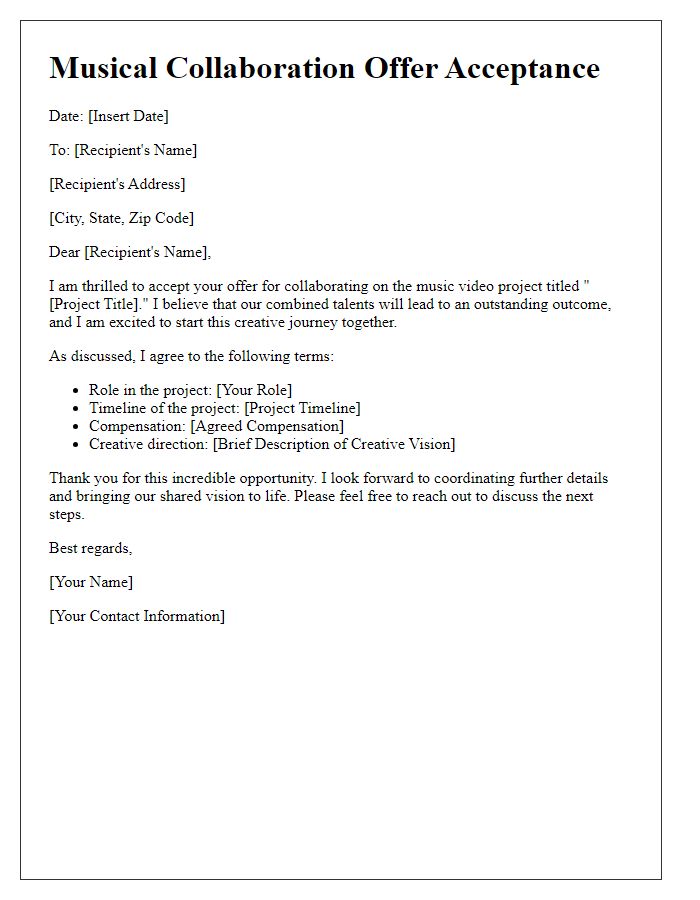 Letter template of musical collaboration offer acceptance for a music video project.