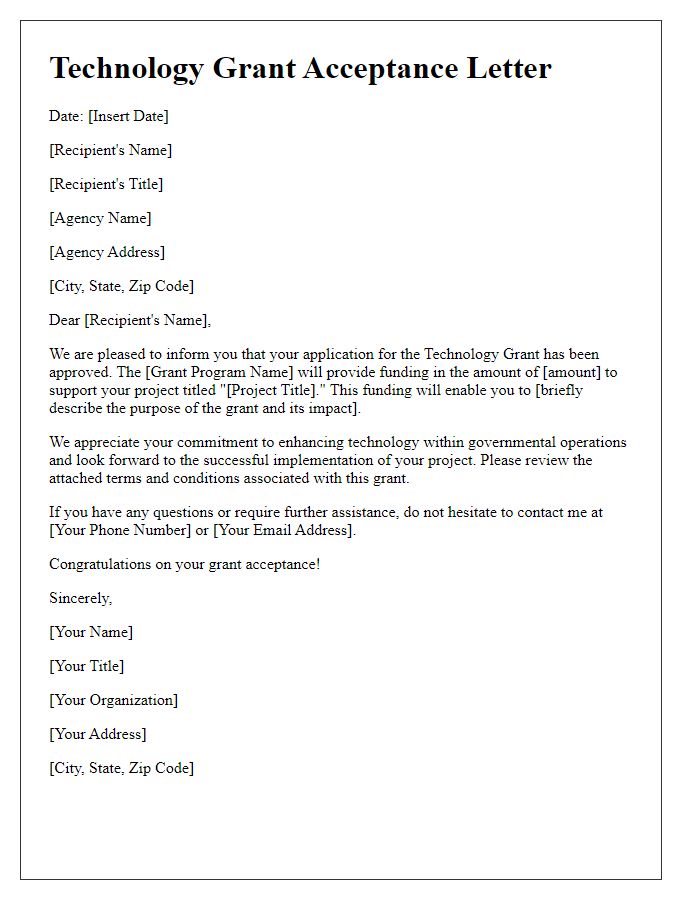 Letter template of technology grant acceptance for government agencies.