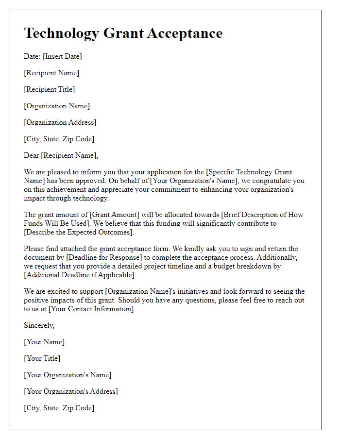 Letter template of technology grant acceptance for non-profit organizations.