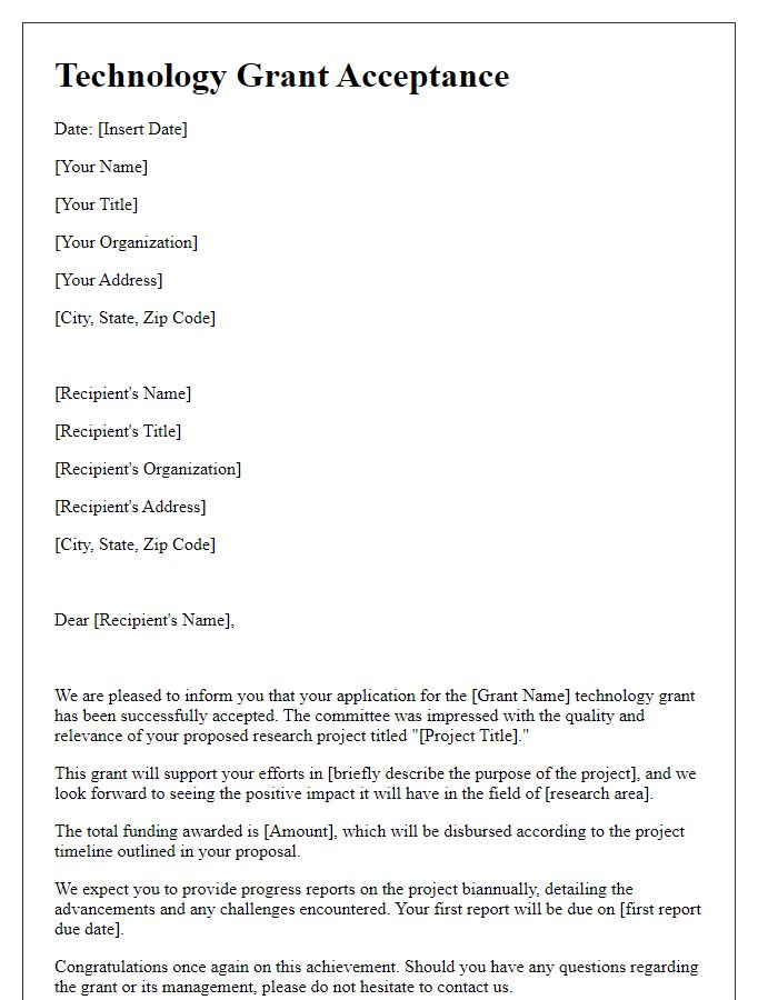 Letter template of technology grant acceptance for research projects.