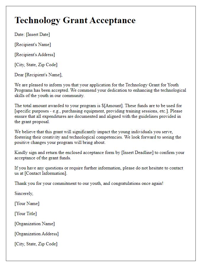 Letter template of technology grant acceptance for youth programs.