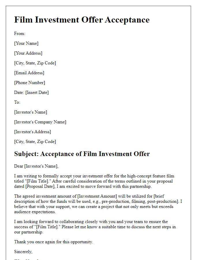 Letter template of Film Investment Offer Acceptance for High-Concept Features