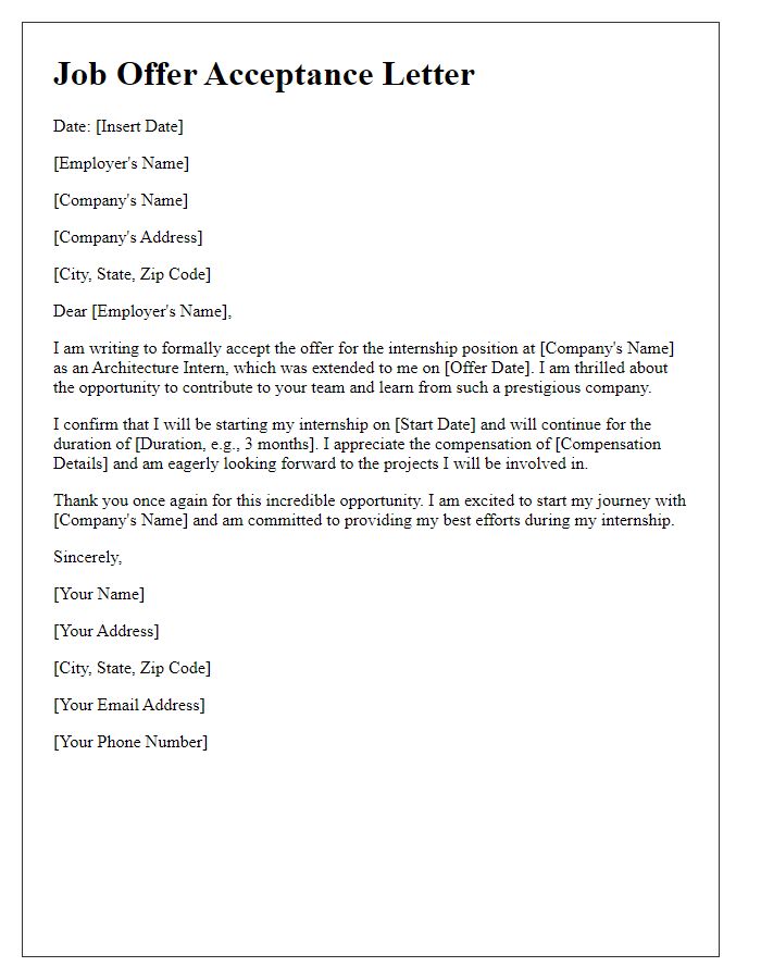 Letter template of architecture job offer acceptance for internship