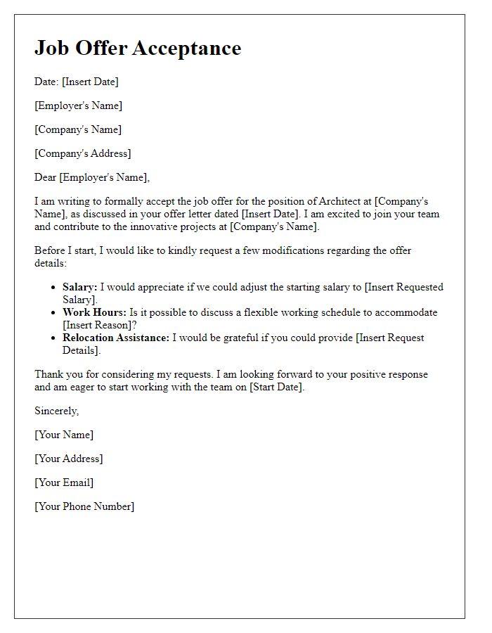 Letter template of architecture job offer acceptance with requested modifications