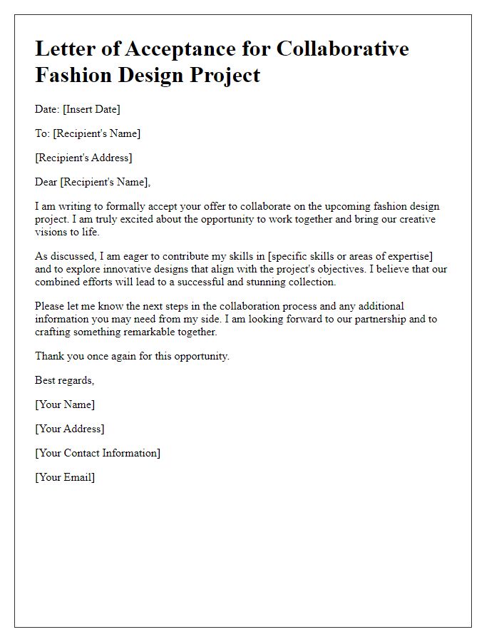 Letter template of fashion design offer acceptance for a collaborative project