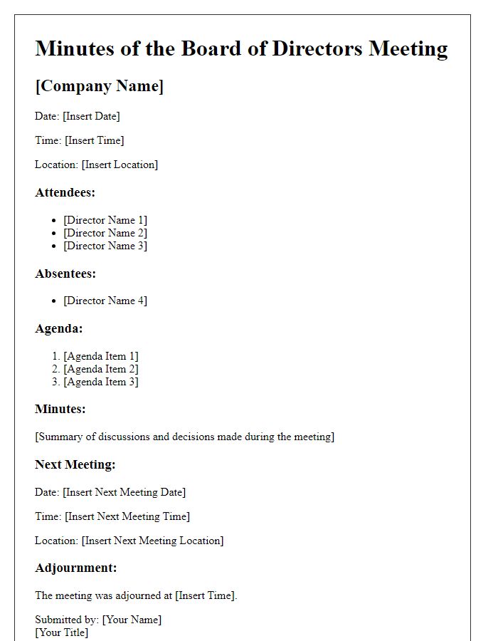 Letter template of corporate minutes for board of directors' meeting