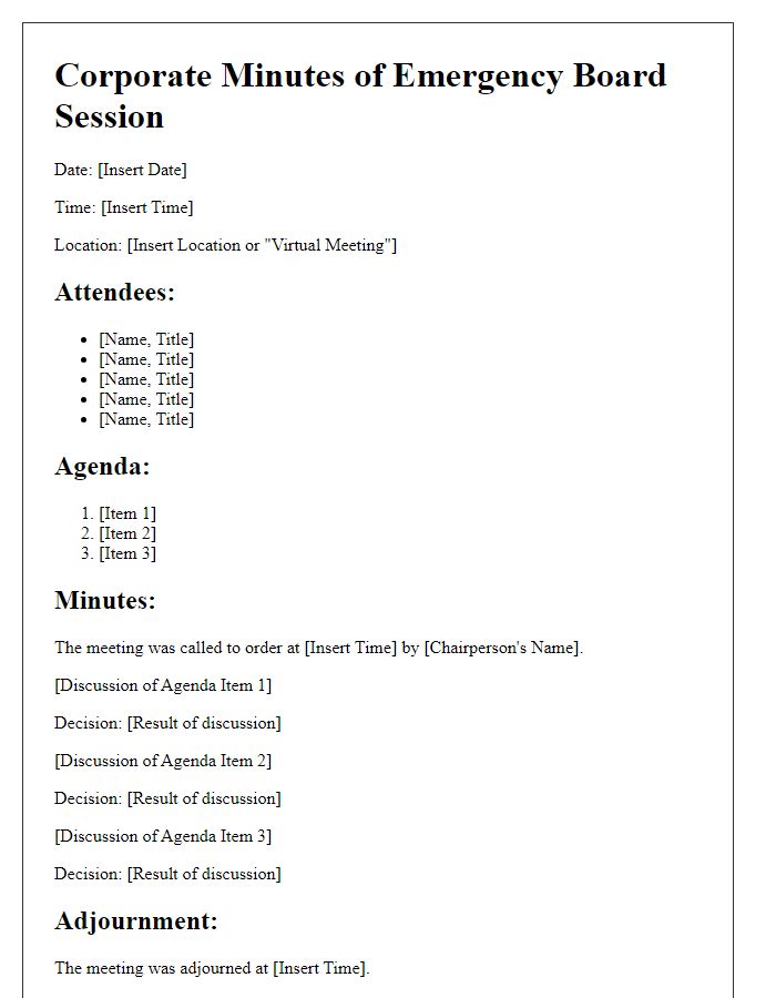 Letter template of corporate minutes for emergency board session