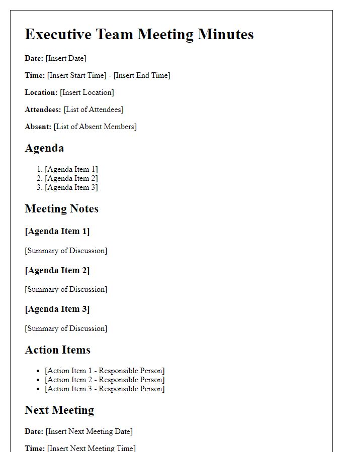 Letter template of corporate minutes for executive team meeting