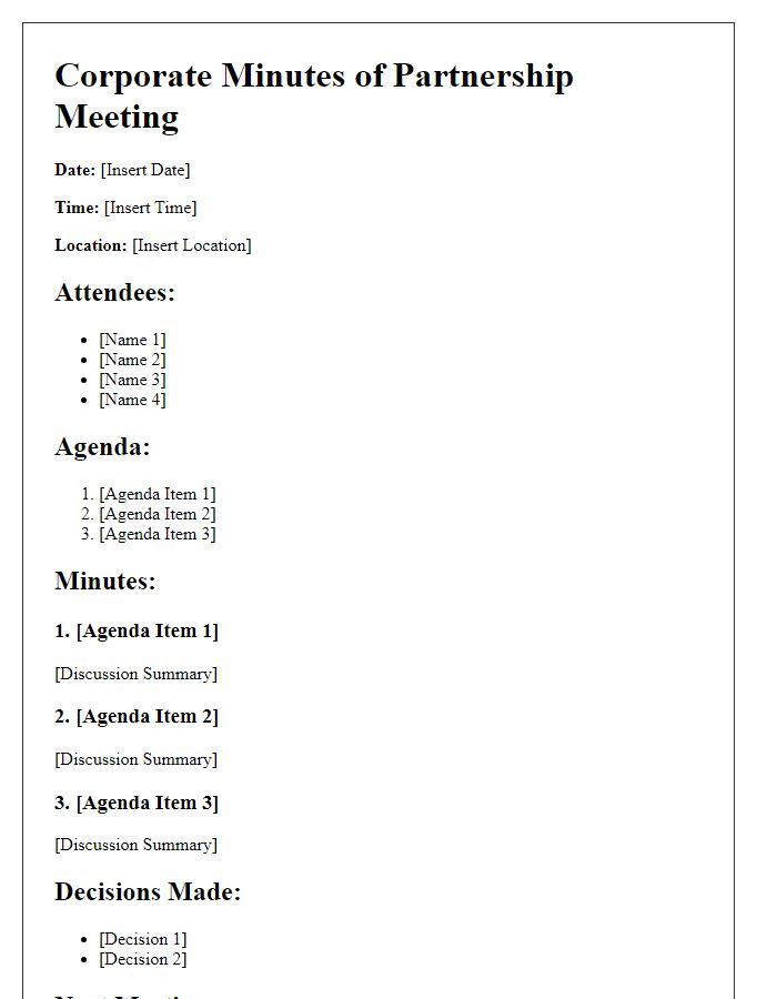 Letter template of corporate minutes for partnership meeting