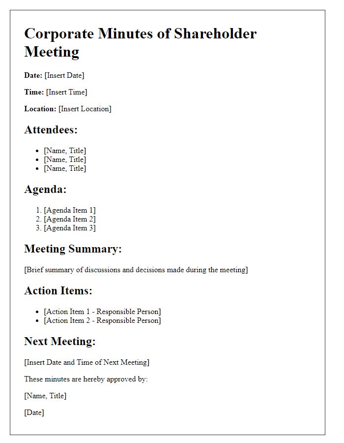 Letter template of corporate minutes for shareholder meeting summary