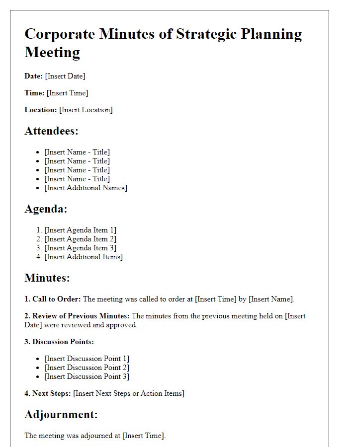 Letter template of corporate minutes for strategic planning meeting