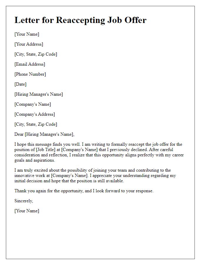 Letter template of reaccepting declined job offer