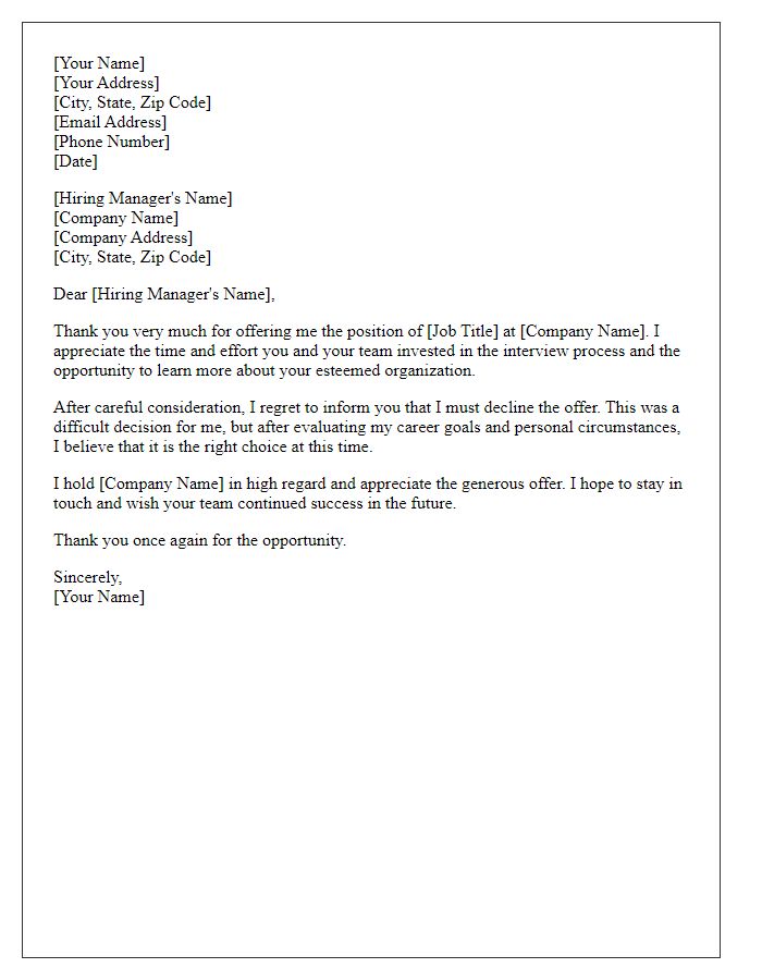 Letter template of formally rejecting a position with an international company