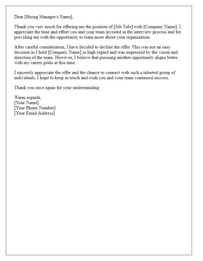 Letter template of politely turning down a job offer from a global corporation